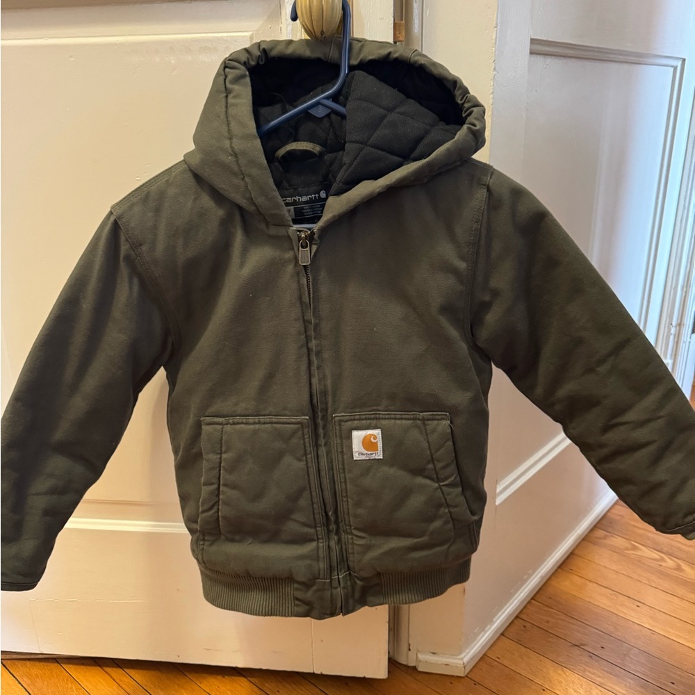 Carhartt Youth Olive Canvas Hooded Work Jacket with Logo Patch